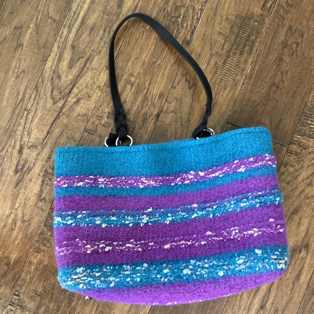 Handmade‎ Felted Wool Purple Teal Double Handle Boho Tote Handbag Purse Laptop - Picture 7 of 11